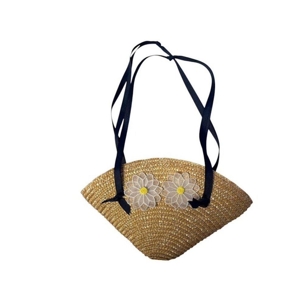 Handwoven Straw Daisy Purse With Adjustable Navy Ribbon Straps & Inner Fabric Li